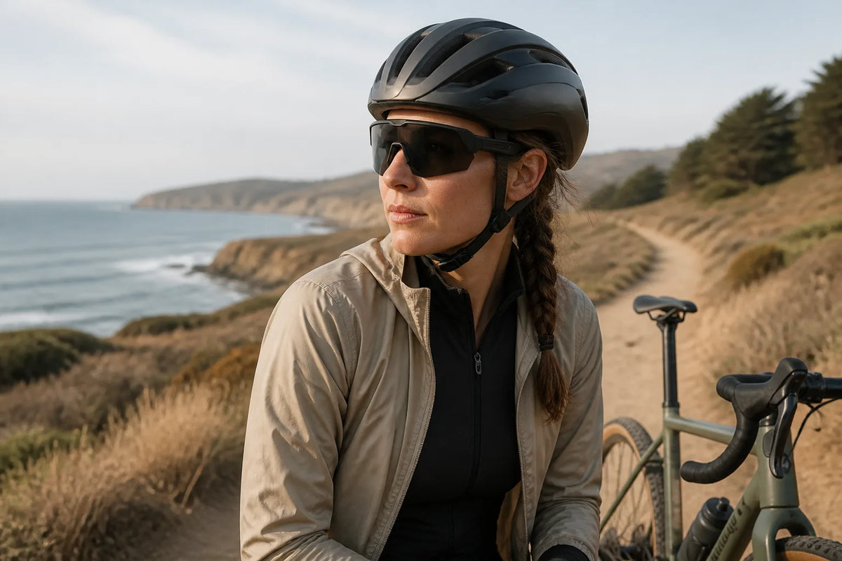 Cyclist wearing VOGUEEX UF-SP01 smart audio glasses on a coastal trail