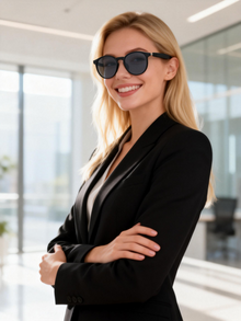 Model wearing GL-SG9 round smart audio sunglasses