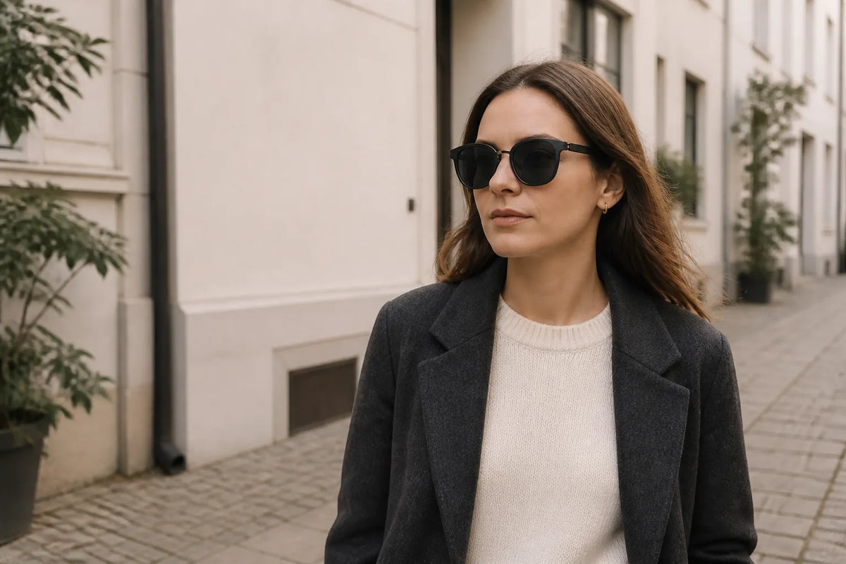 Woman wearing VOGUEEX smart audio sunglasses during a city walk