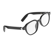 Angled view of UF-E08A black clear-lens audio glasses
