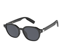 Three-quarter view of UF-E08A black dark-lens audio glasses