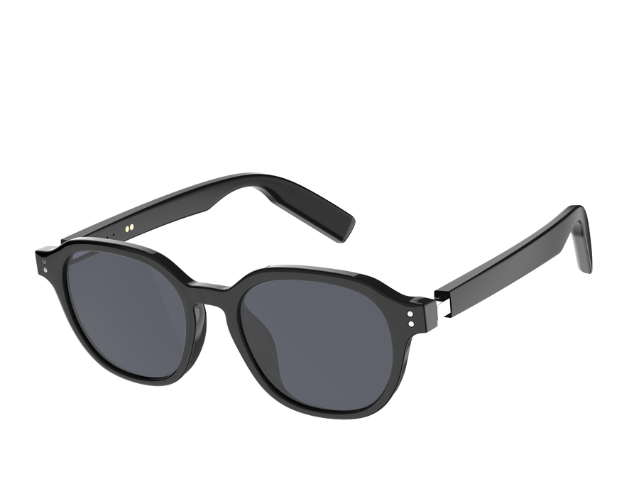 Three-quarter view of UF-E08A black dark-lens audio glasses