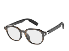 Angled view of UF-E08A leopard clear-lens audio glasses