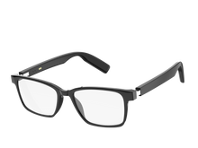Angled view of UF-E08B black clear-lens audio glasses