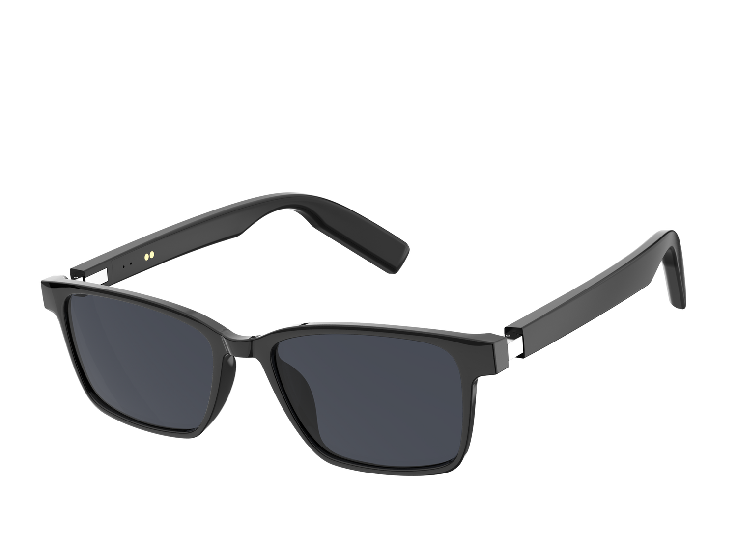 Three-quarter view of UF-E08B black dark-lens audio glasses
