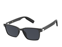 Three-quarter view of UF-E08B black dark-lens audio glasses