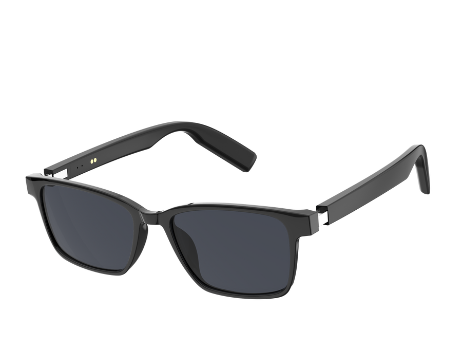 Three-quarter view of UF-E08B black dark-lens audio glasses