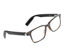Angled view of UF-E08B leopard clear-lens audio glasses