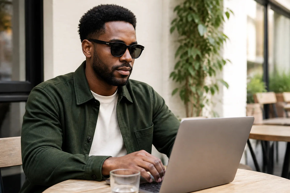 Man wearing VOGUEEX smart audio glasses while working at an outdoor cafe